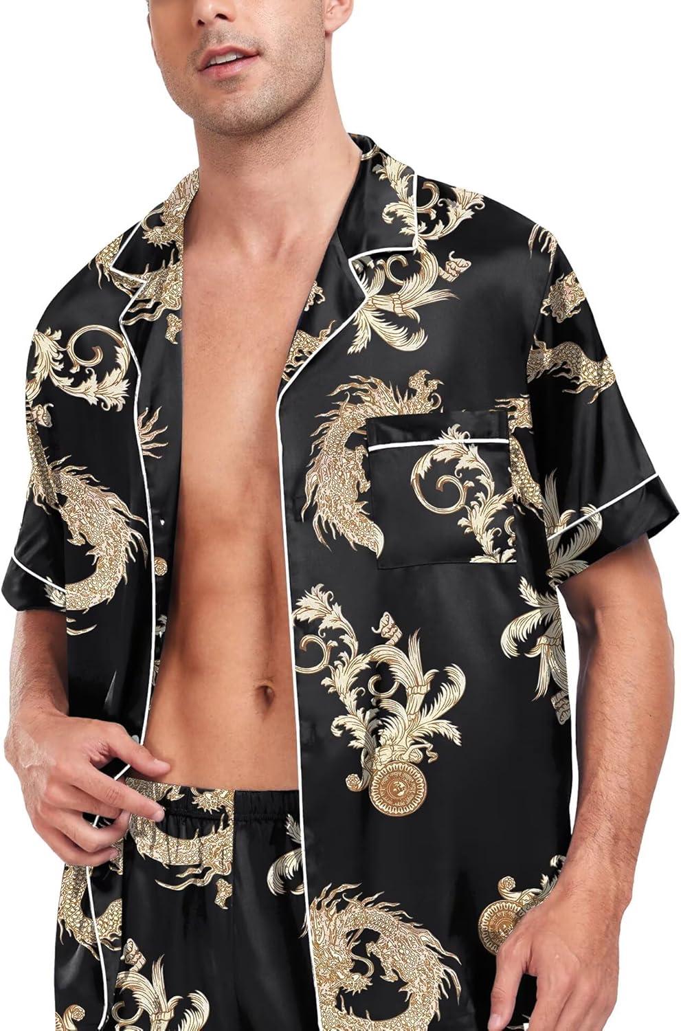 imageSWOMOG Men Satin Silk Pajamas Sets Short Sleeve Sleepwear ButtonDown PJs Sets TwoPieces Loungewear with PocketsDark Black