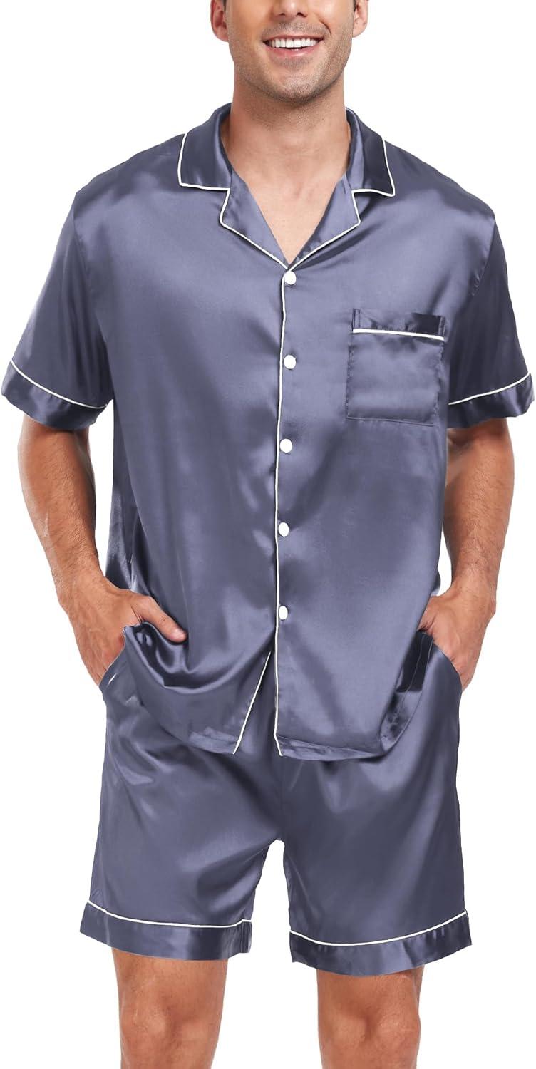 imageSWOMOG Men Satin Silk Pajamas Sets Short Sleeve Sleepwear ButtonDown PJs Sets TwoPieces Loungewear with PocketsDark Gray
