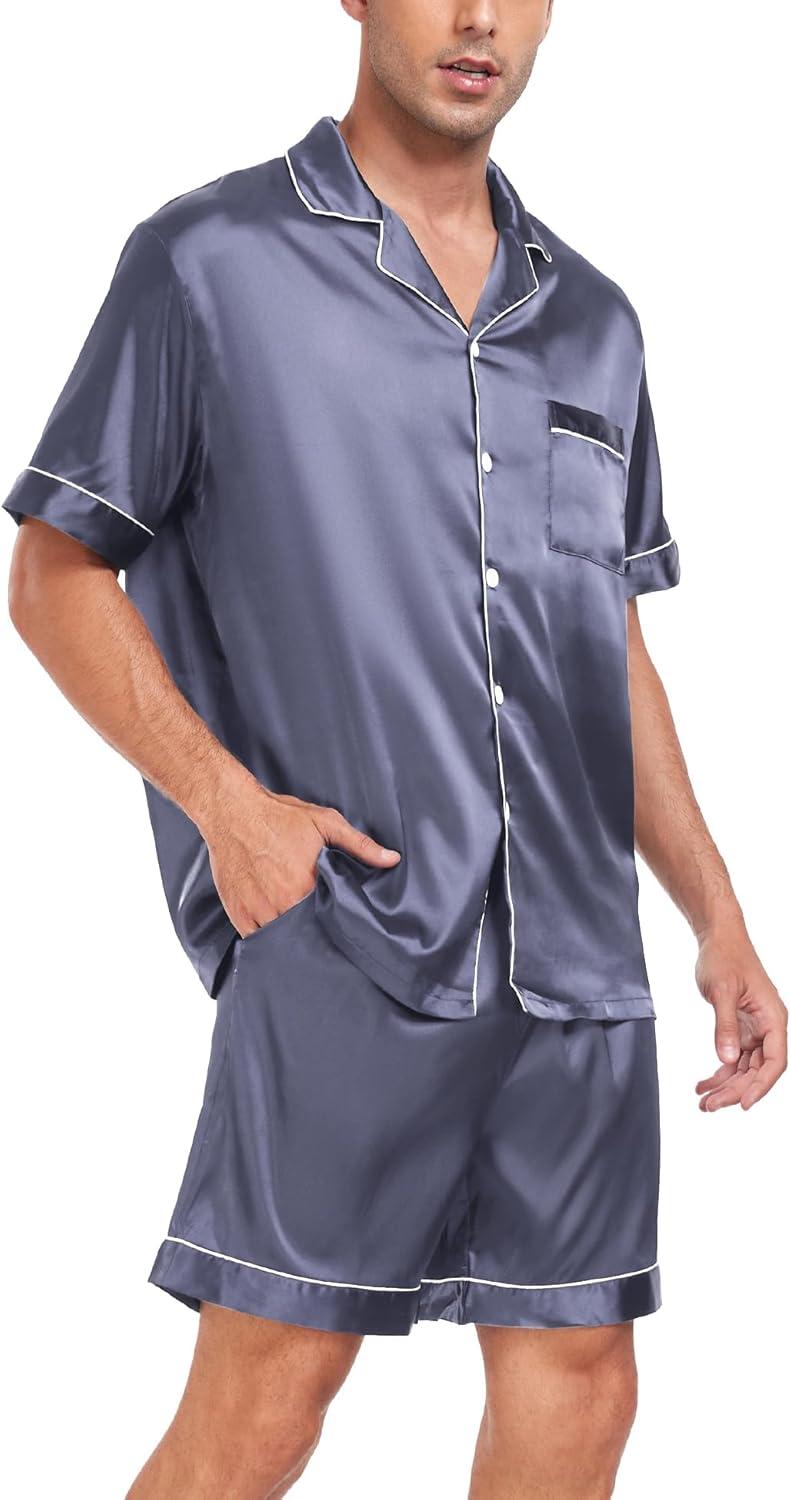 imageSWOMOG Men Satin Silk Pajamas Sets Short Sleeve Sleepwear ButtonDown PJs Sets TwoPieces Loungewear with PocketsDark Gray