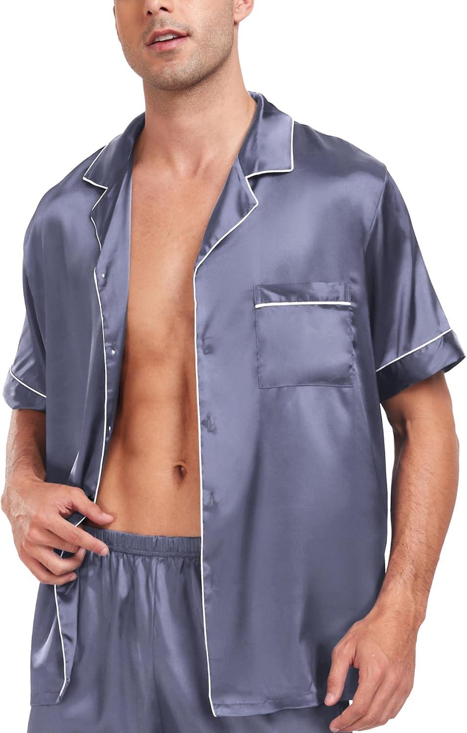 imageSWOMOG Men Satin Silk Pajamas Sets Short Sleeve Sleepwear ButtonDown PJs Sets TwoPieces Loungewear with PocketsDark Gray