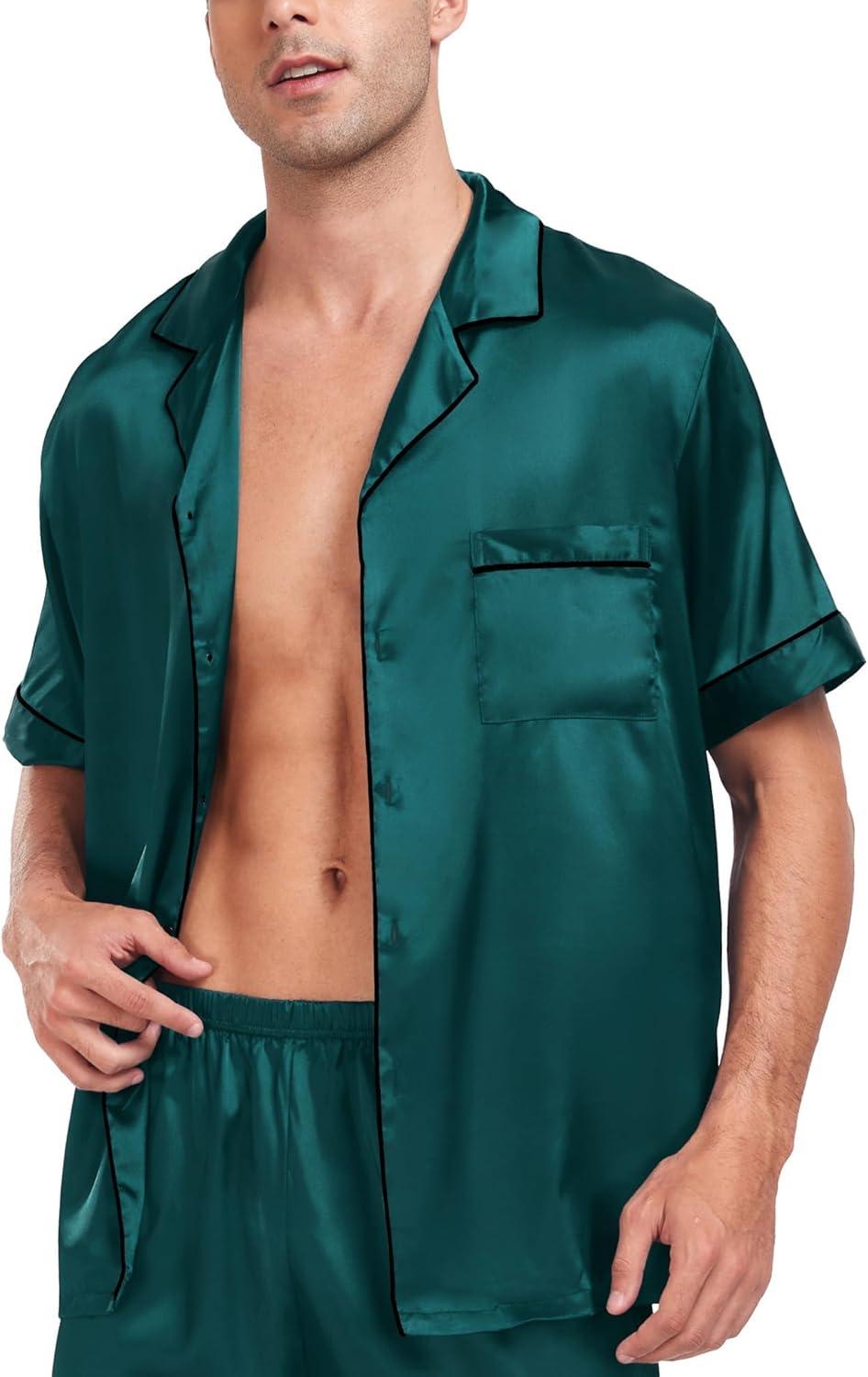 imageSWOMOG Men Satin Silk Pajamas Sets Short Sleeve Sleepwear ButtonDown PJs Sets TwoPieces Loungewear with PocketsDark Green