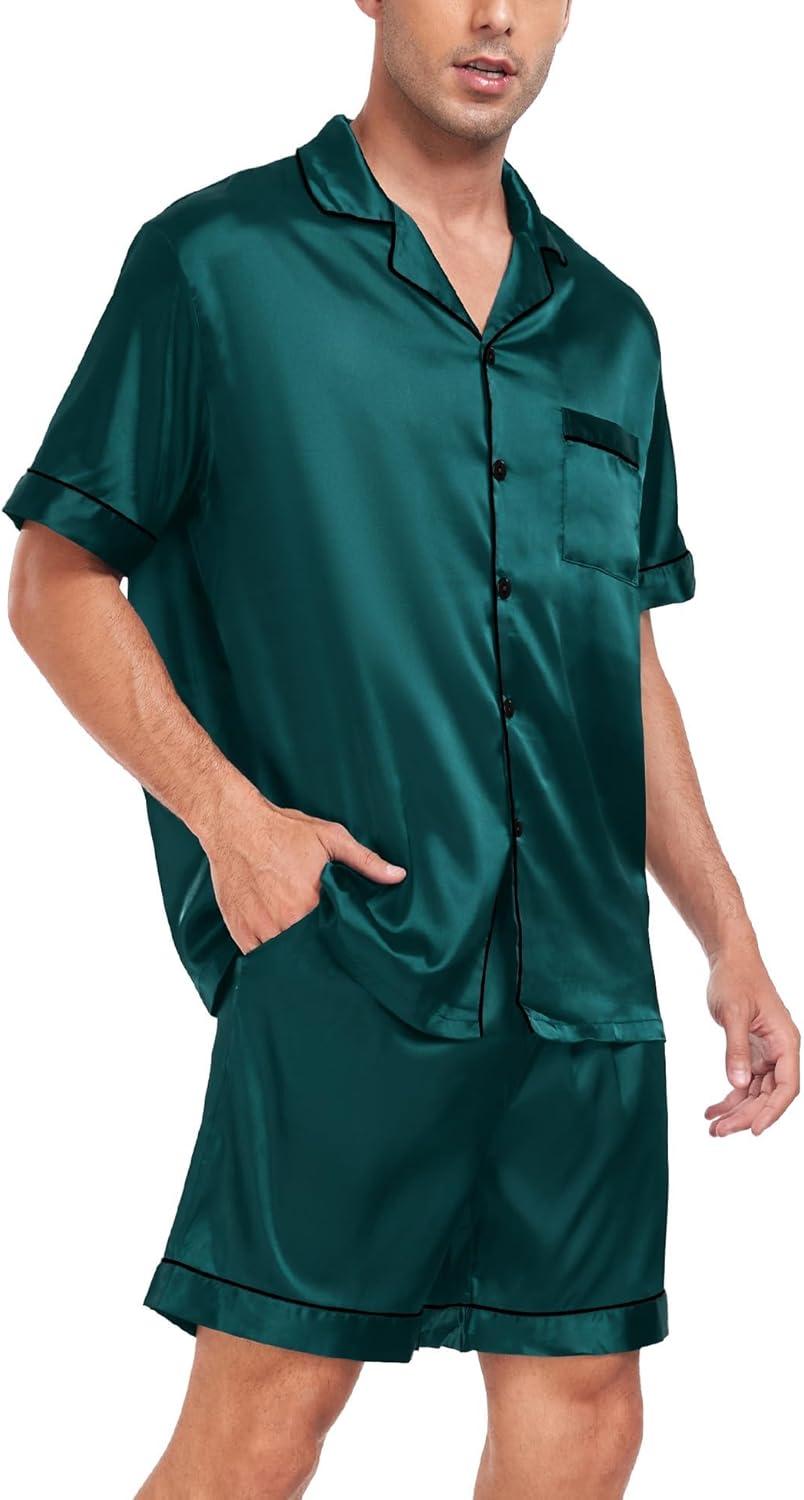 imageSWOMOG Men Satin Silk Pajamas Sets Short Sleeve Sleepwear ButtonDown PJs Sets TwoPieces Loungewear with PocketsDark Green