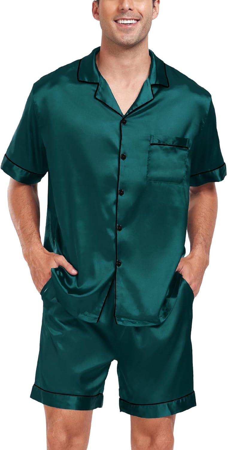 imageSWOMOG Men Satin Silk Pajamas Sets Short Sleeve Sleepwear ButtonDown PJs Sets TwoPieces Loungewear with PocketsDark Green