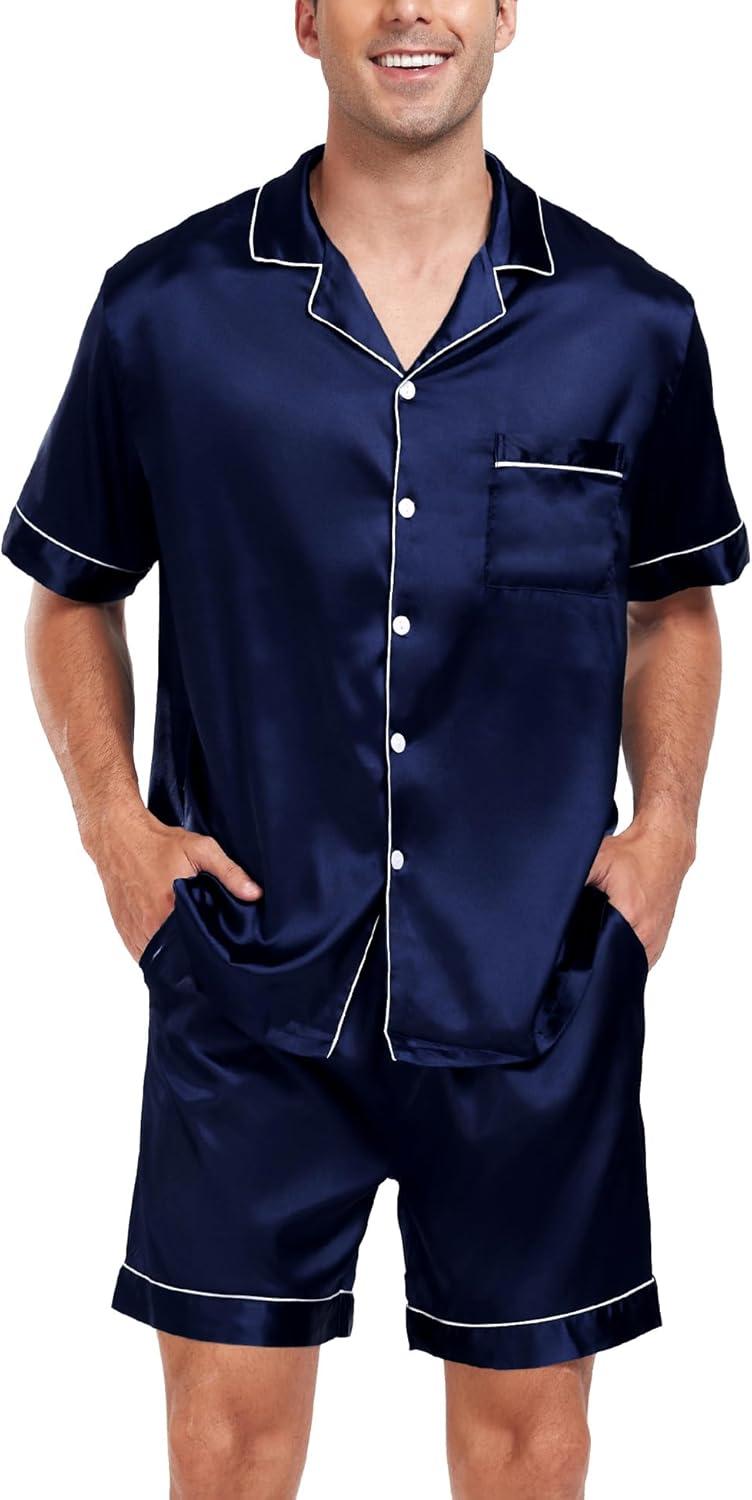 imageSWOMOG Men Satin Silk Pajamas Sets Short Sleeve Sleepwear ButtonDown PJs Sets TwoPieces Loungewear with PocketsDark Navy Blue