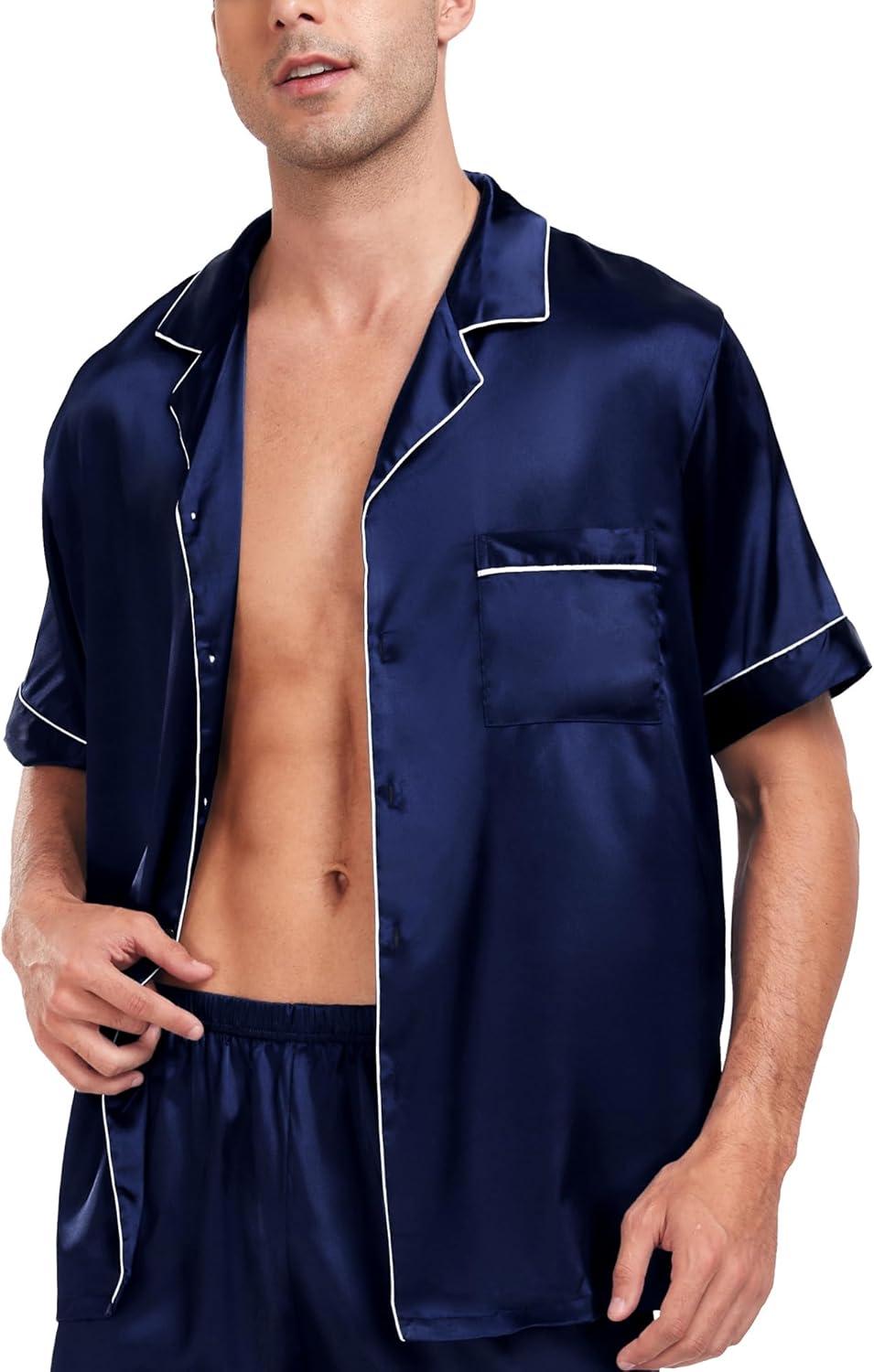 imageSWOMOG Men Satin Silk Pajamas Sets Short Sleeve Sleepwear ButtonDown PJs Sets TwoPieces Loungewear with PocketsDark Navy Blue