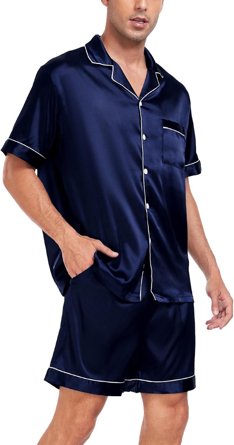 imageSWOMOG Men Satin Silk Pajamas Sets Short Sleeve Sleepwear ButtonDown PJs Sets TwoPieces Loungewear with PocketsDark Navy Blue