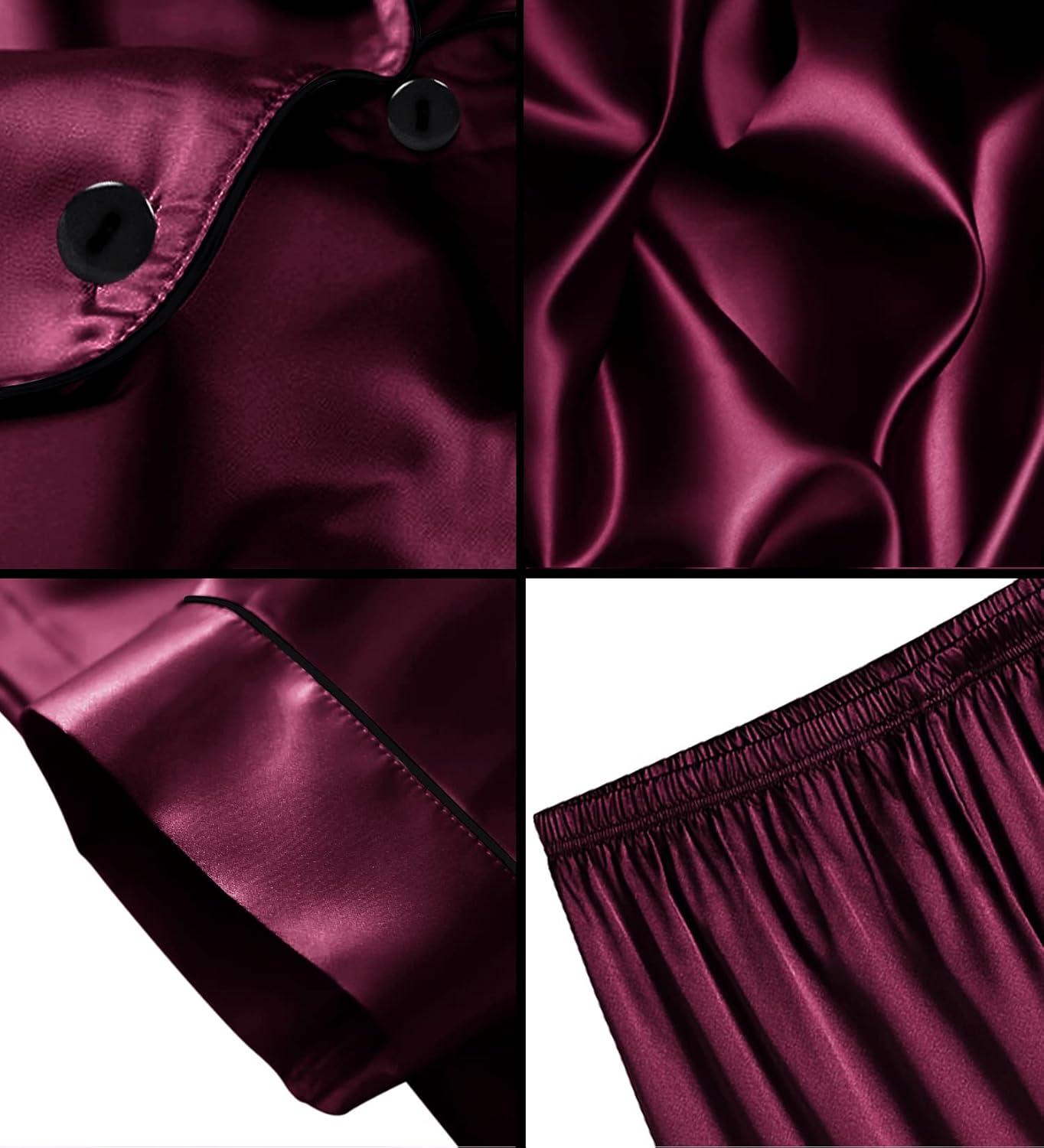 imageSWOMOG Men Satin Silk Pajamas Sets Short Sleeve Sleepwear ButtonDown PJs Sets TwoPieces Loungewear with PocketsDark Wine Red