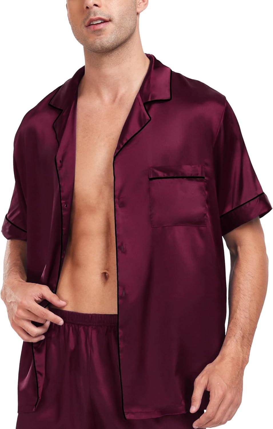 imageSWOMOG Men Satin Silk Pajamas Sets Short Sleeve Sleepwear ButtonDown PJs Sets TwoPieces Loungewear with PocketsDark Wine Red