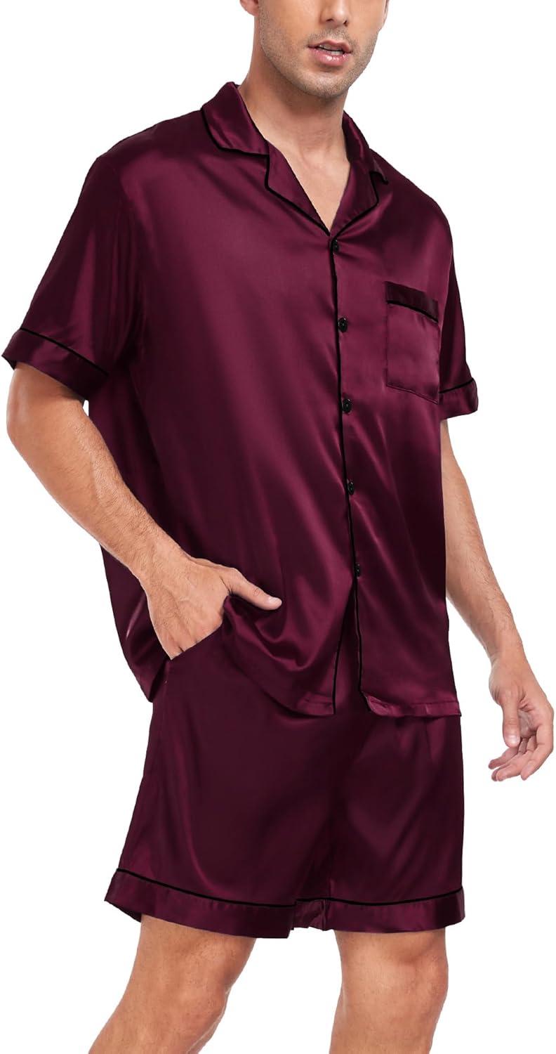 imageSWOMOG Men Satin Silk Pajamas Sets Short Sleeve Sleepwear ButtonDown PJs Sets TwoPieces Loungewear with PocketsDark Wine Red