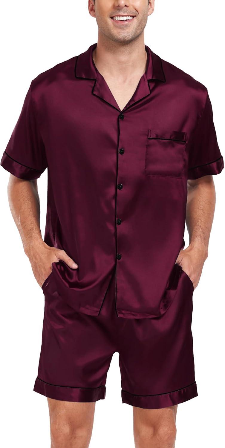 imageSWOMOG Men Satin Silk Pajamas Sets Short Sleeve Sleepwear ButtonDown PJs Sets TwoPieces Loungewear with PocketsDark Wine Red
