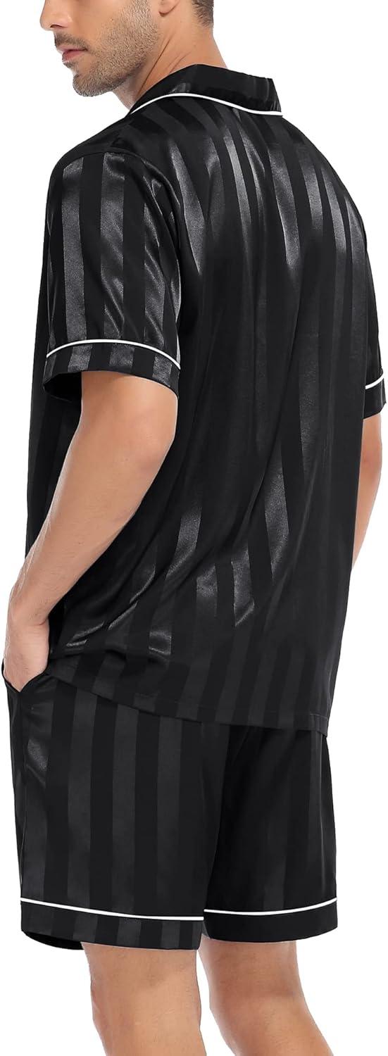 imageSWOMOG Men Satin Silk Pajamas Sets Short Sleeve Sleepwear ButtonDown PJs Sets TwoPieces Loungewear with PocketsDimblack Sriped