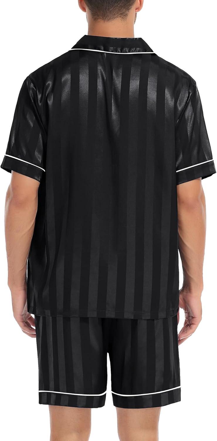 imageSWOMOG Men Satin Silk Pajamas Sets Short Sleeve Sleepwear ButtonDown PJs Sets TwoPieces Loungewear with PocketsDimblack Sriped
