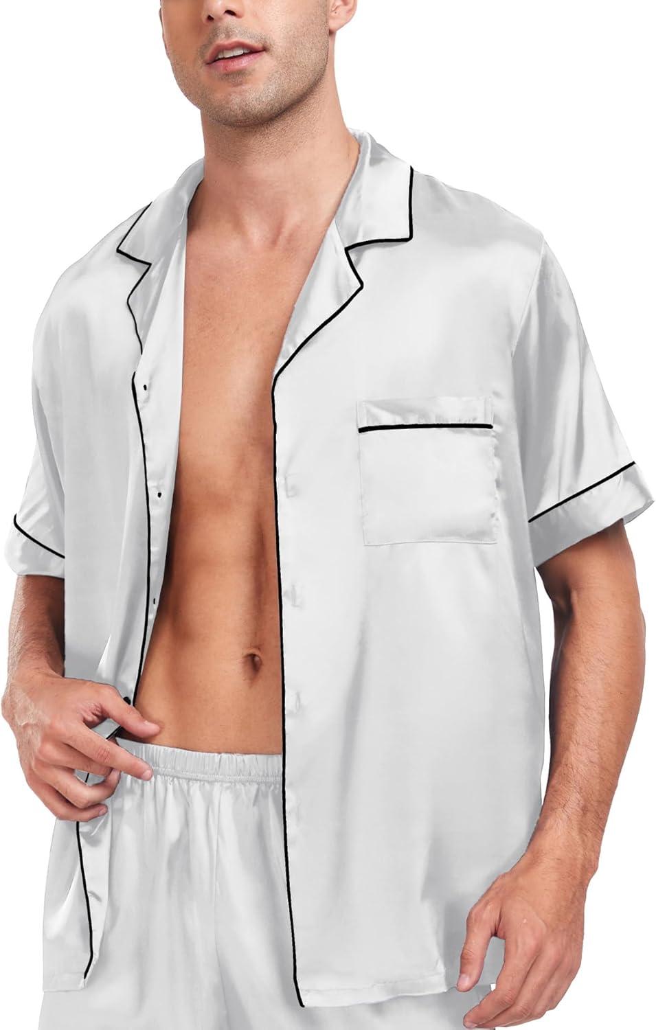 imageSWOMOG Men Satin Silk Pajamas Sets Short Sleeve Sleepwear ButtonDown PJs Sets TwoPieces Loungewear with PocketsGray