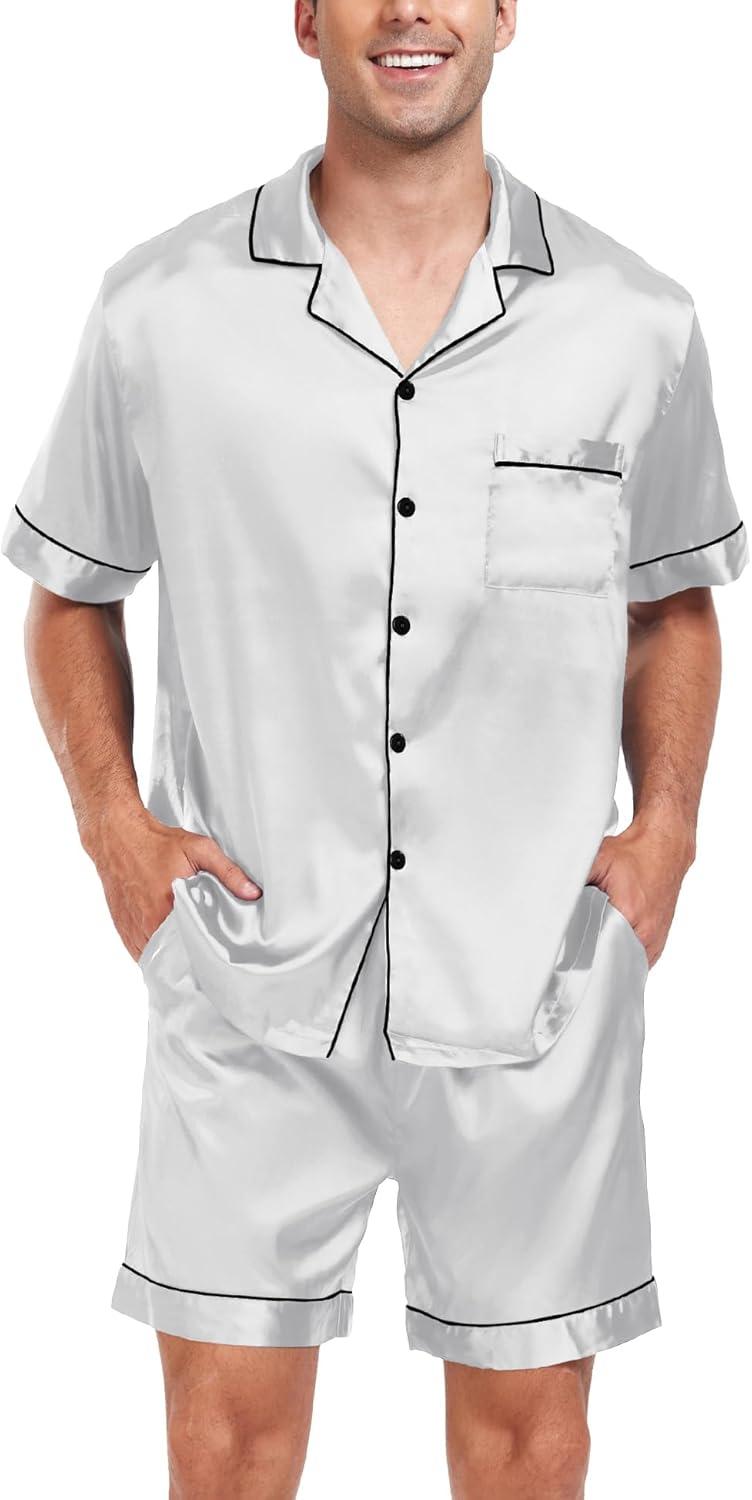 imageSWOMOG Men Satin Silk Pajamas Sets Short Sleeve Sleepwear ButtonDown PJs Sets TwoPieces Loungewear with PocketsGray