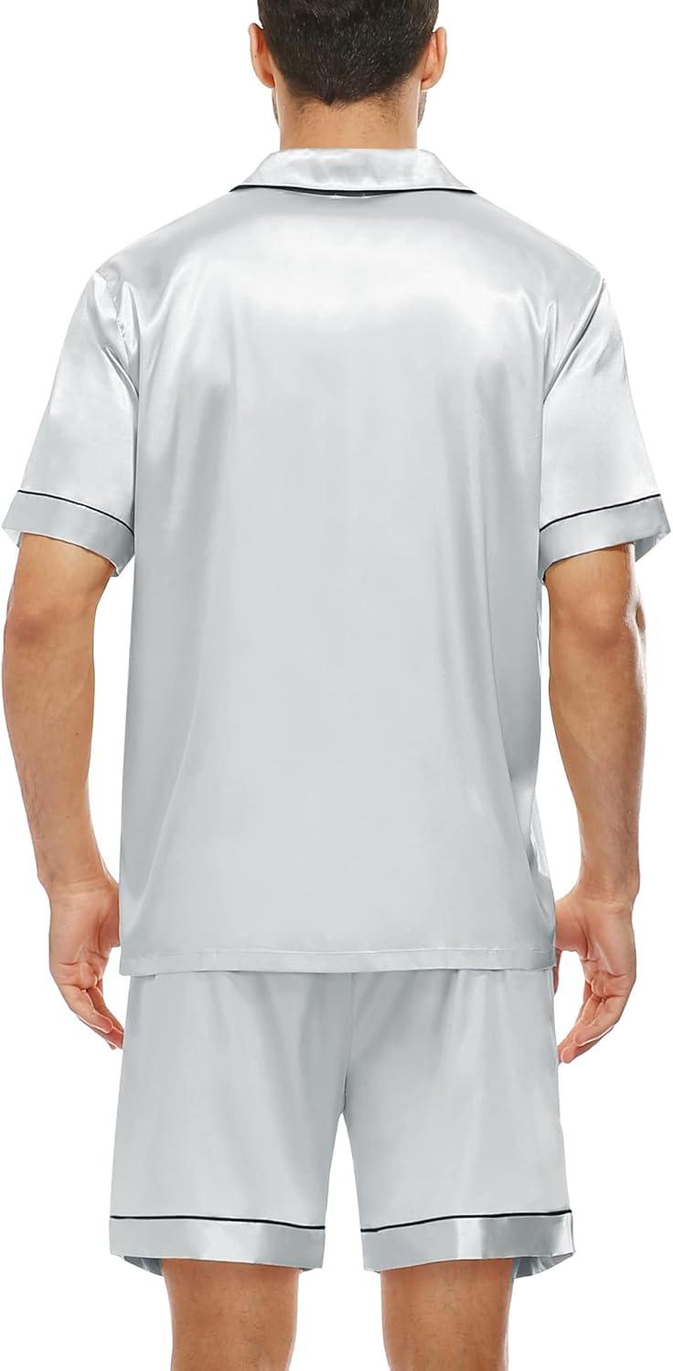 imageSWOMOG Men Satin Silk Pajamas Sets Short Sleeve Sleepwear ButtonDown PJs Sets TwoPieces Loungewear with PocketsGray