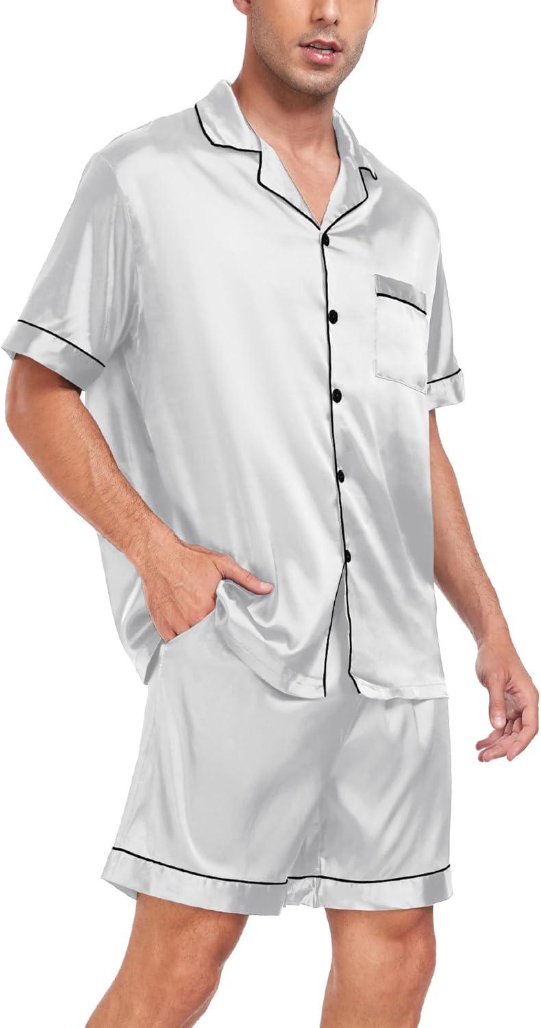 imageSWOMOG Men Satin Silk Pajamas Sets Short Sleeve Sleepwear ButtonDown PJs Sets TwoPieces Loungewear with PocketsGray