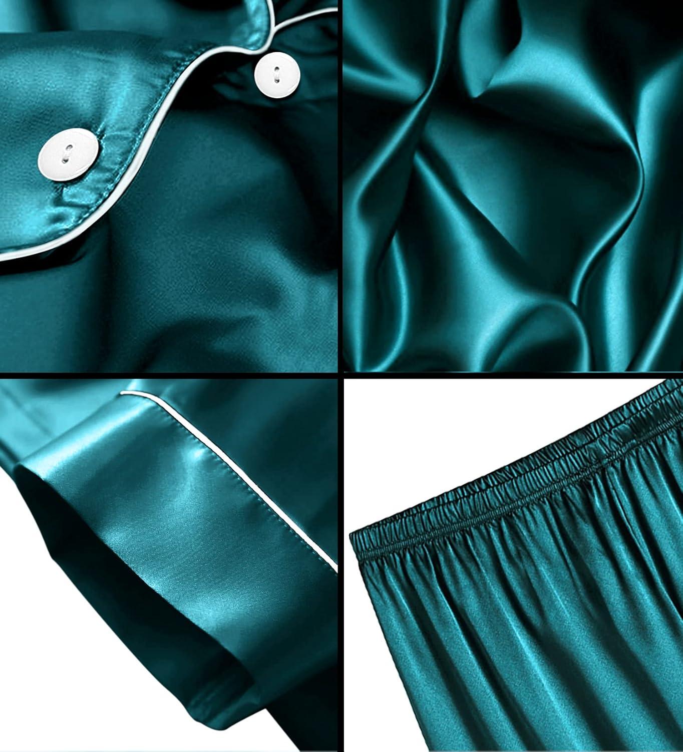 imageSWOMOG Men Satin Silk Pajamas Sets Short Sleeve Sleepwear ButtonDown PJs Sets TwoPieces Loungewear with PocketsGreen