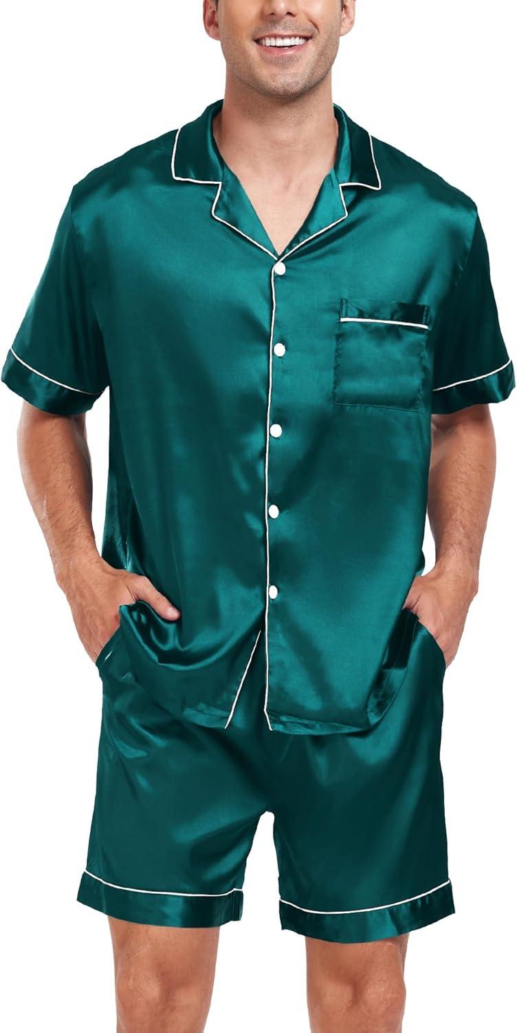 imageSWOMOG Men Satin Silk Pajamas Sets Short Sleeve Sleepwear ButtonDown PJs Sets TwoPieces Loungewear with PocketsGreen