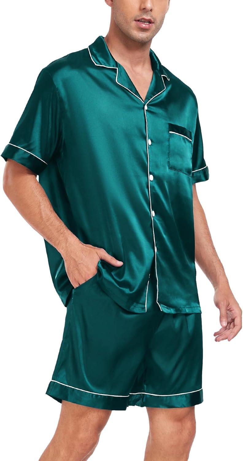 imageSWOMOG Men Satin Silk Pajamas Sets Short Sleeve Sleepwear ButtonDown PJs Sets TwoPieces Loungewear with PocketsGreen