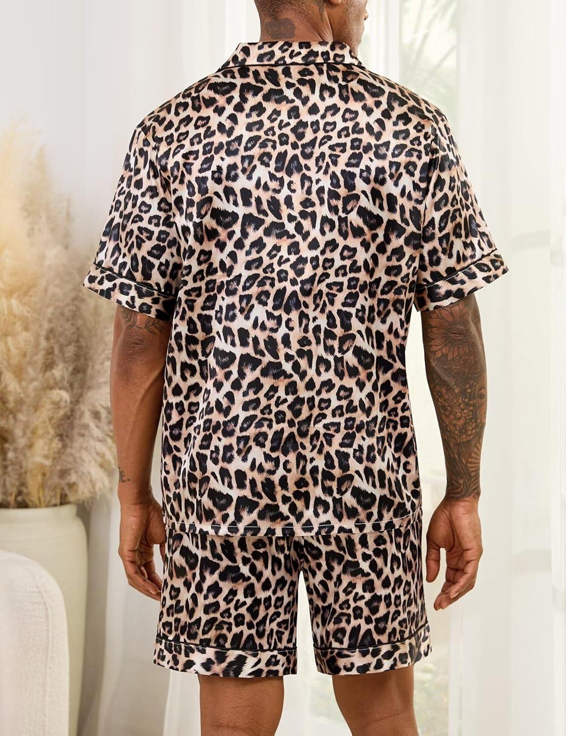 imageSWOMOG Men Satin Silk Pajamas Sets Short Sleeve Sleepwear ButtonDown PJs Sets TwoPieces Loungewear with PocketsLeopard