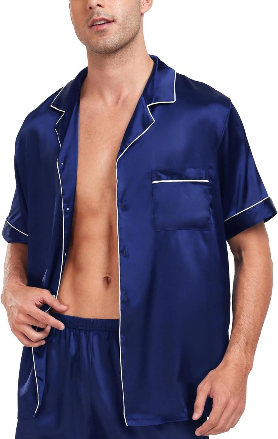 imageSWOMOG Men Satin Silk Pajamas Sets Short Sleeve Sleepwear ButtonDown PJs Sets TwoPieces Loungewear with PocketsNavy Blue