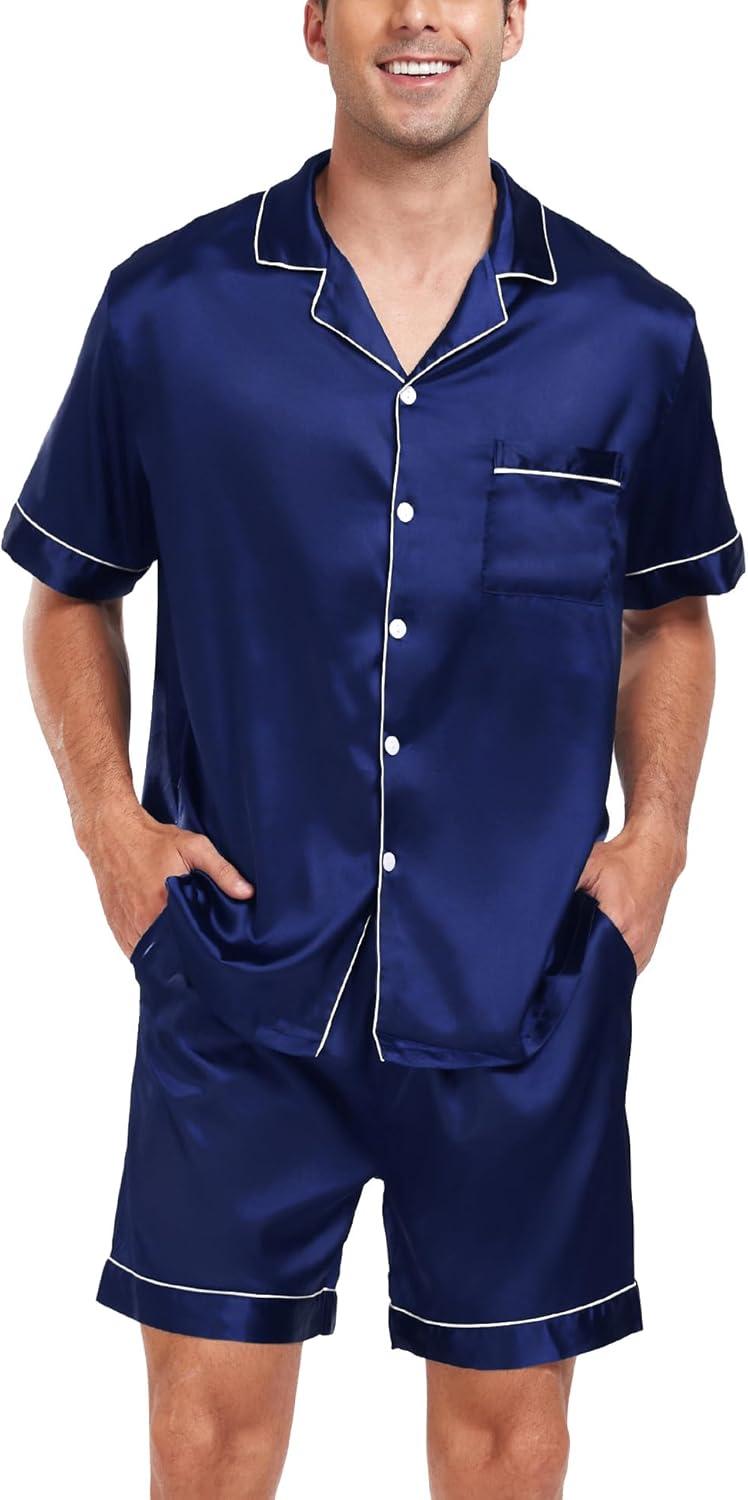 imageSWOMOG Men Satin Silk Pajamas Sets Short Sleeve Sleepwear ButtonDown PJs Sets TwoPieces Loungewear with PocketsNavy Blue