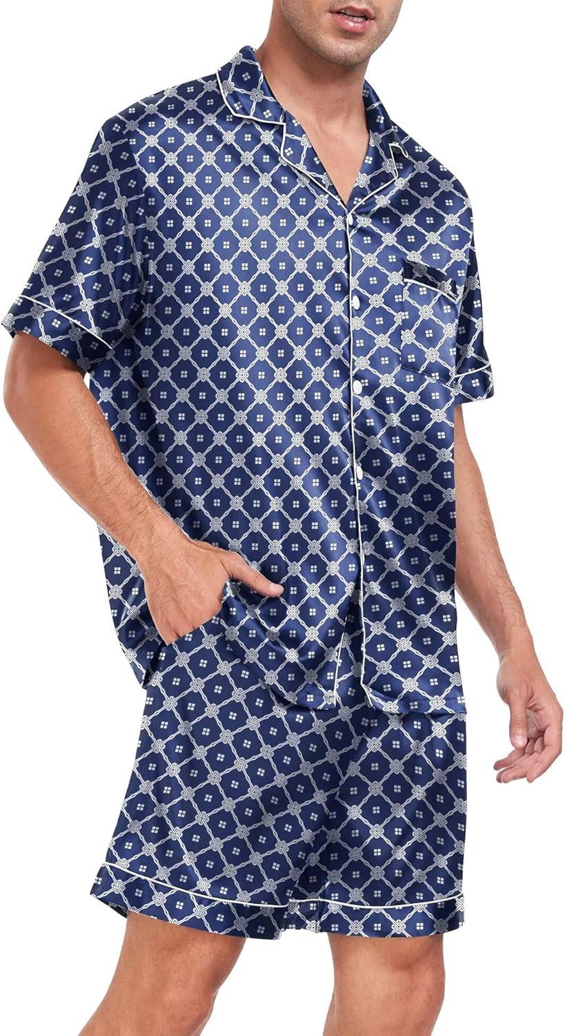 imageSWOMOG Men Satin Silk Pajamas Sets Short Sleeve Sleepwear ButtonDown PJs Sets TwoPieces Loungewear with PocketsNavy Blue Floral