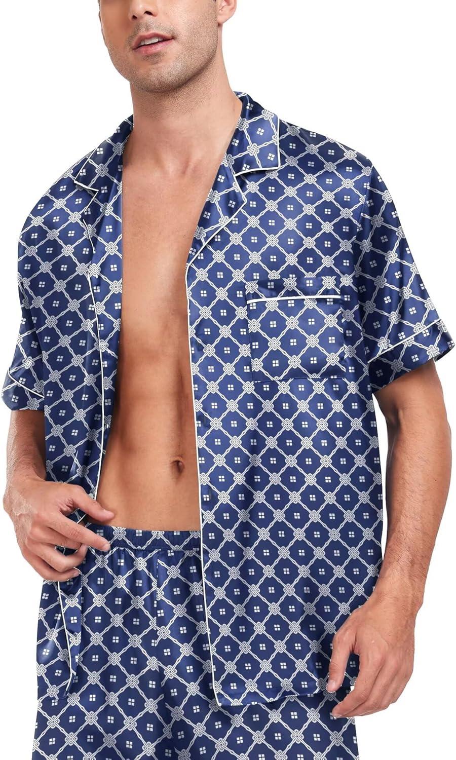 imageSWOMOG Men Satin Silk Pajamas Sets Short Sleeve Sleepwear ButtonDown PJs Sets TwoPieces Loungewear with PocketsNavy Blue Floral