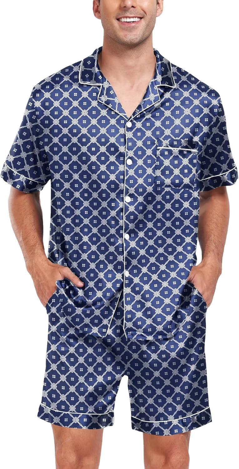 imageSWOMOG Men Satin Silk Pajamas Sets Short Sleeve Sleepwear ButtonDown PJs Sets TwoPieces Loungewear with PocketsNavy Blue Floral