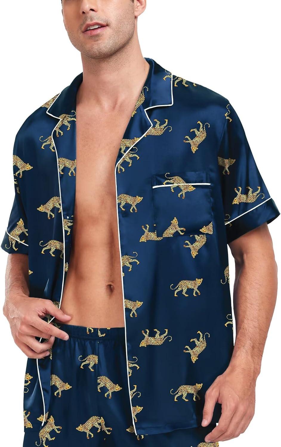 imageSWOMOG Men Satin Silk Pajamas Sets Short Sleeve Sleepwear ButtonDown PJs Sets TwoPieces Loungewear with PocketsNavy Bue Leopard