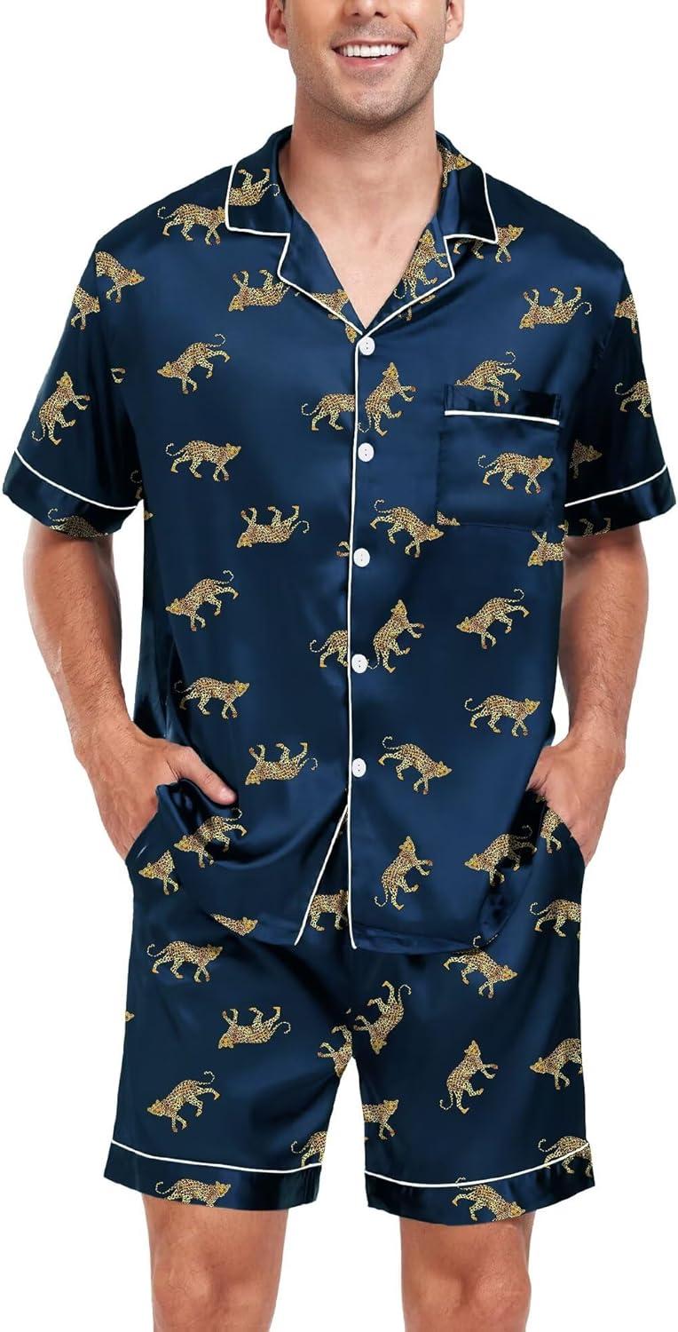 imageSWOMOG Men Satin Silk Pajamas Sets Short Sleeve Sleepwear ButtonDown PJs Sets TwoPieces Loungewear with PocketsNavy Bue Leopard