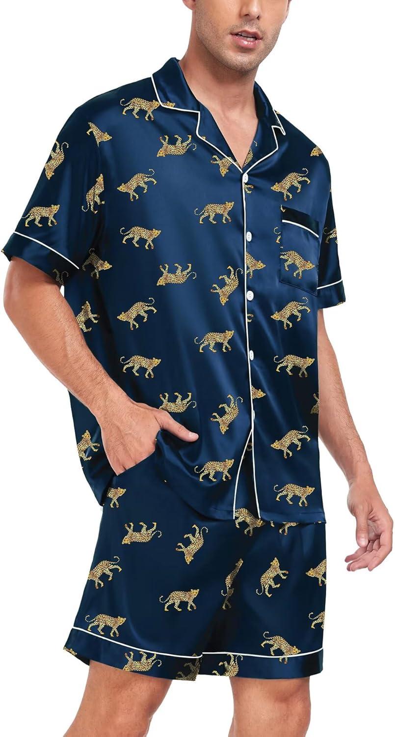 imageSWOMOG Men Satin Silk Pajamas Sets Short Sleeve Sleepwear ButtonDown PJs Sets TwoPieces Loungewear with PocketsNavy Bue Leopard