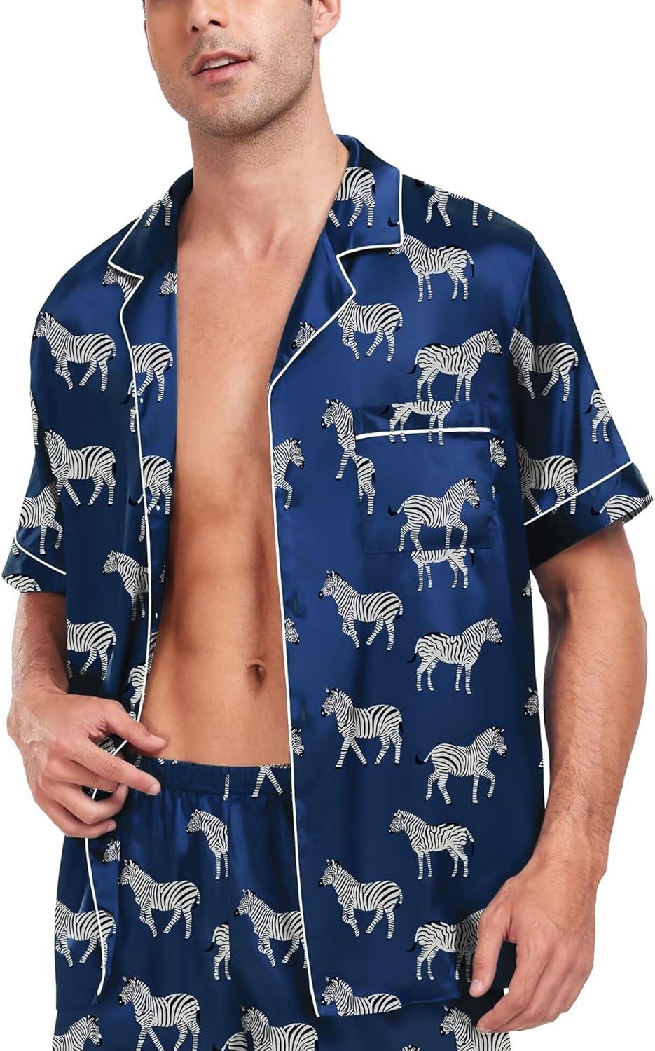 imageSWOMOG Men Satin Silk Pajamas Sets Short Sleeve Sleepwear ButtonDown PJs Sets TwoPieces Loungewear with PocketsNavy Bue Zebra