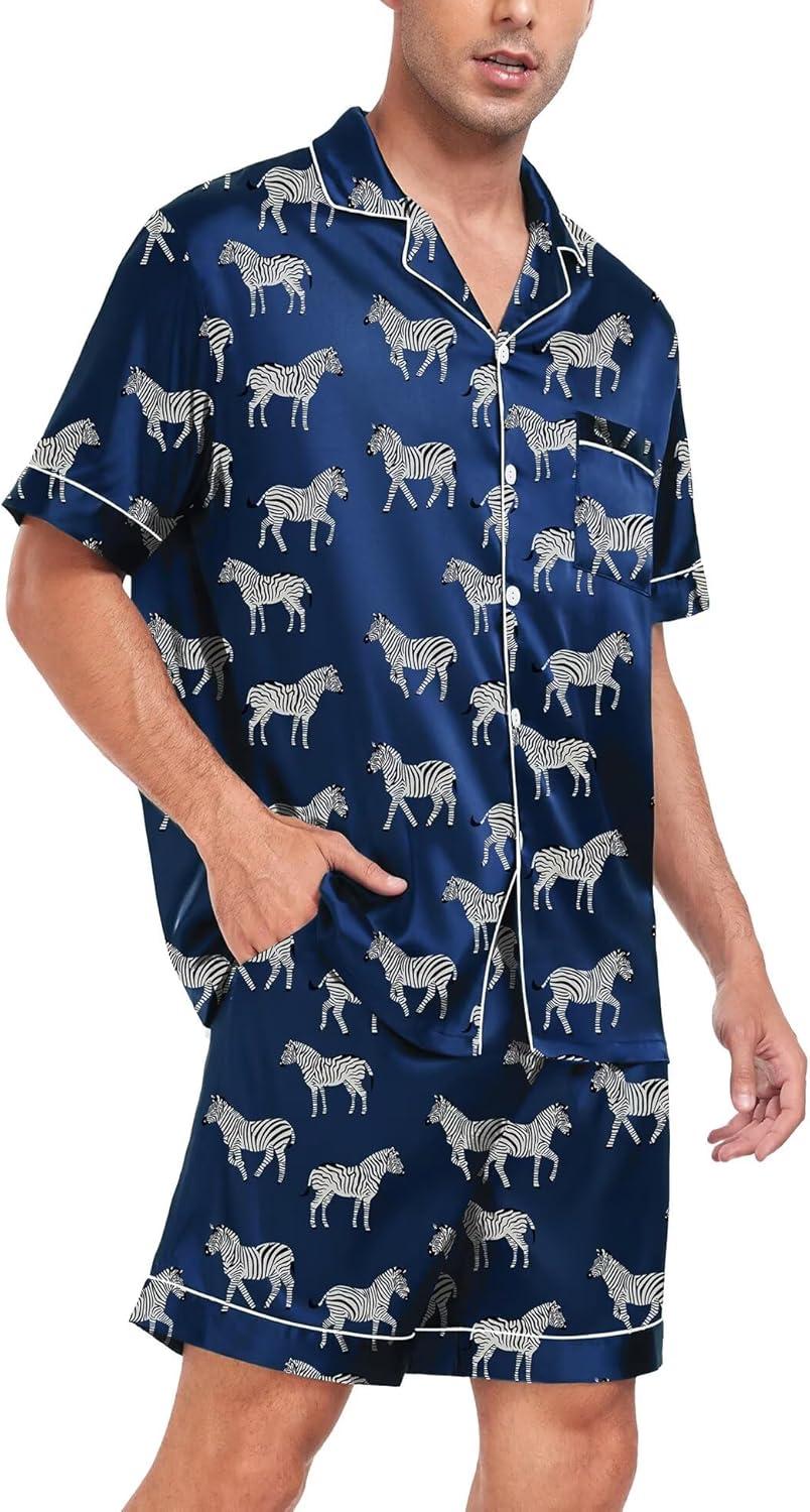 imageSWOMOG Men Satin Silk Pajamas Sets Short Sleeve Sleepwear ButtonDown PJs Sets TwoPieces Loungewear with PocketsNavy Bue Zebra