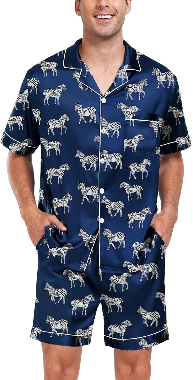 imageSWOMOG Men Satin Silk Pajamas Sets Short Sleeve Sleepwear ButtonDown PJs Sets TwoPieces Loungewear with PocketsNavy Bue Zebra