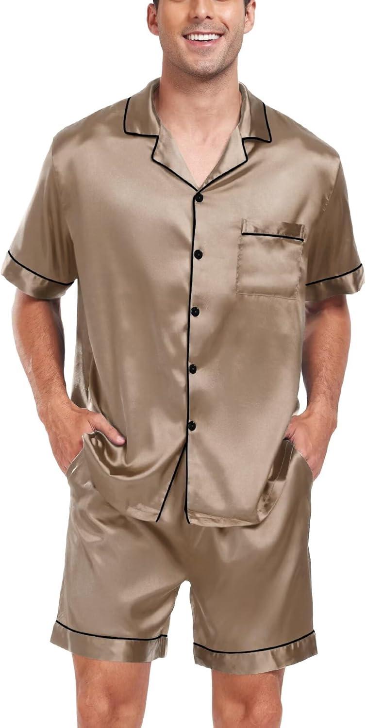 imageSWOMOG Men Satin Silk Pajamas Sets Short Sleeve Sleepwear ButtonDown PJs Sets TwoPieces Loungewear with PocketsOpaue Couche