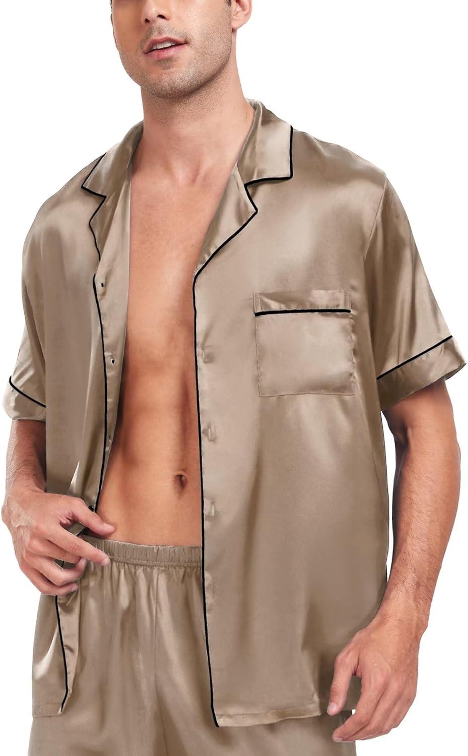 imageSWOMOG Men Satin Silk Pajamas Sets Short Sleeve Sleepwear ButtonDown PJs Sets TwoPieces Loungewear with PocketsOpaue Couche