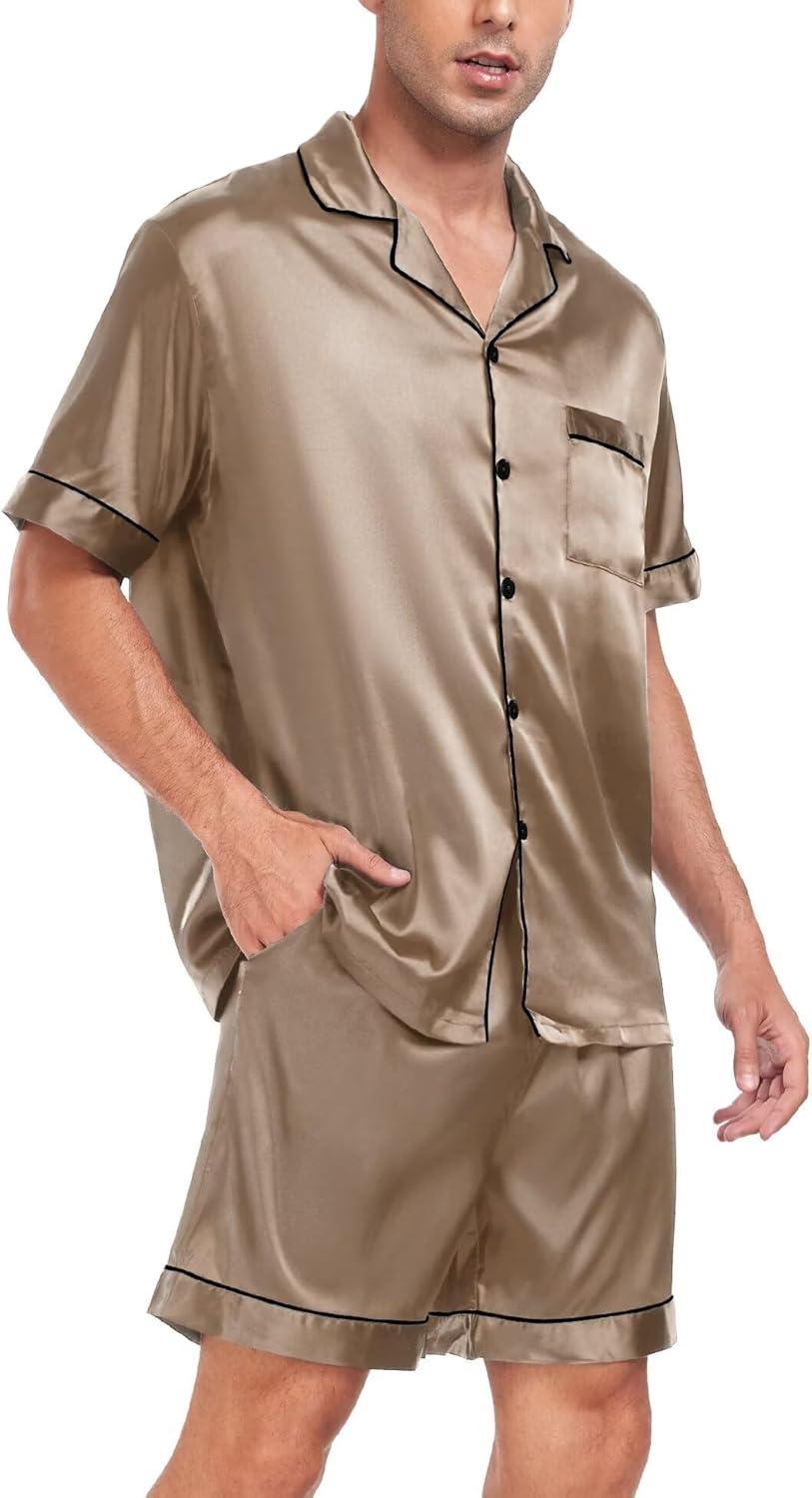 imageSWOMOG Men Satin Silk Pajamas Sets Short Sleeve Sleepwear ButtonDown PJs Sets TwoPieces Loungewear with PocketsOpaue Couche