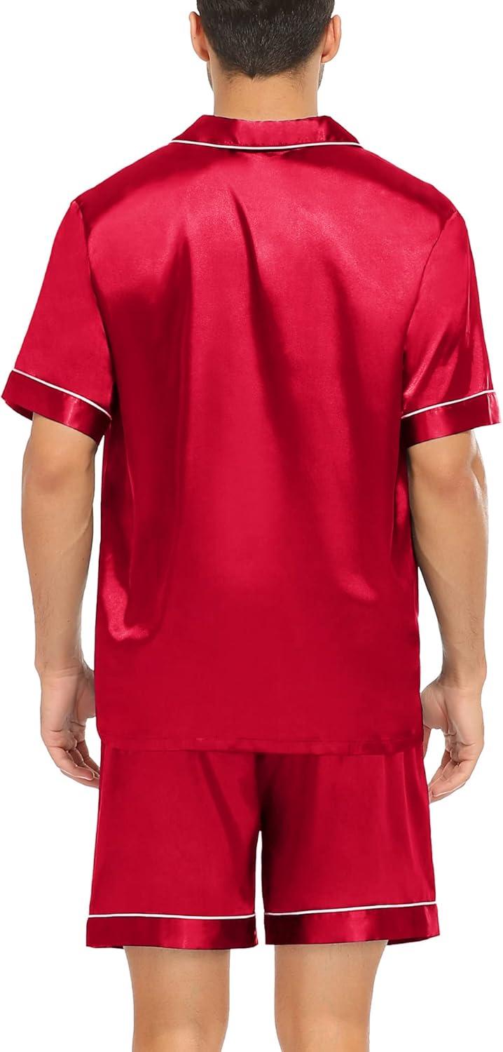 imageSWOMOG Men Satin Silk Pajamas Sets Short Sleeve Sleepwear ButtonDown PJs Sets TwoPieces Loungewear with PocketsRed