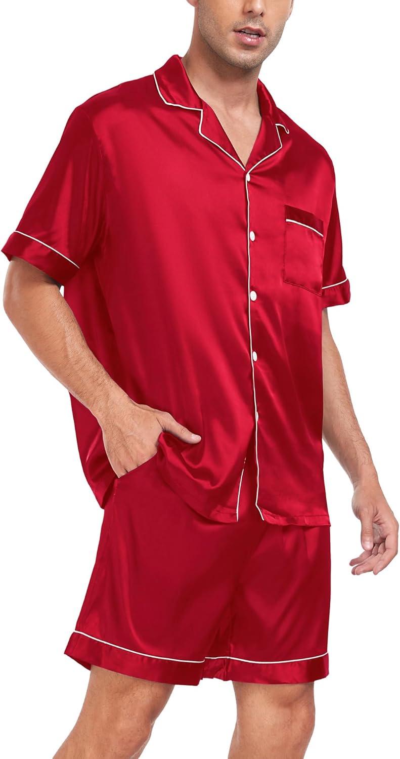 imageSWOMOG Men Satin Silk Pajamas Sets Short Sleeve Sleepwear ButtonDown PJs Sets TwoPieces Loungewear with PocketsRed