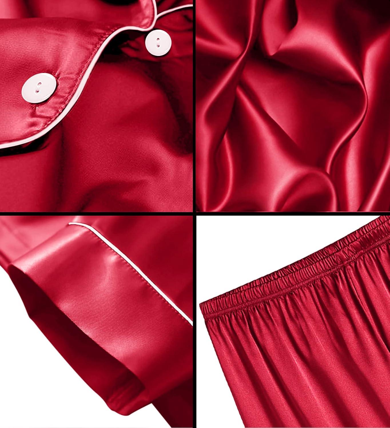 imageSWOMOG Men Satin Silk Pajamas Sets Short Sleeve Sleepwear ButtonDown PJs Sets TwoPieces Loungewear with PocketsRed