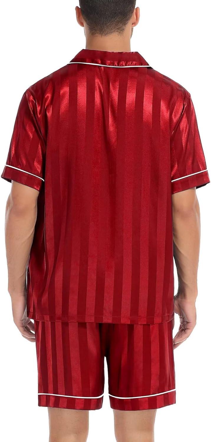 imageSWOMOG Men Satin Silk Pajamas Sets Short Sleeve Sleepwear ButtonDown PJs Sets TwoPieces Loungewear with PocketsRed Sriped