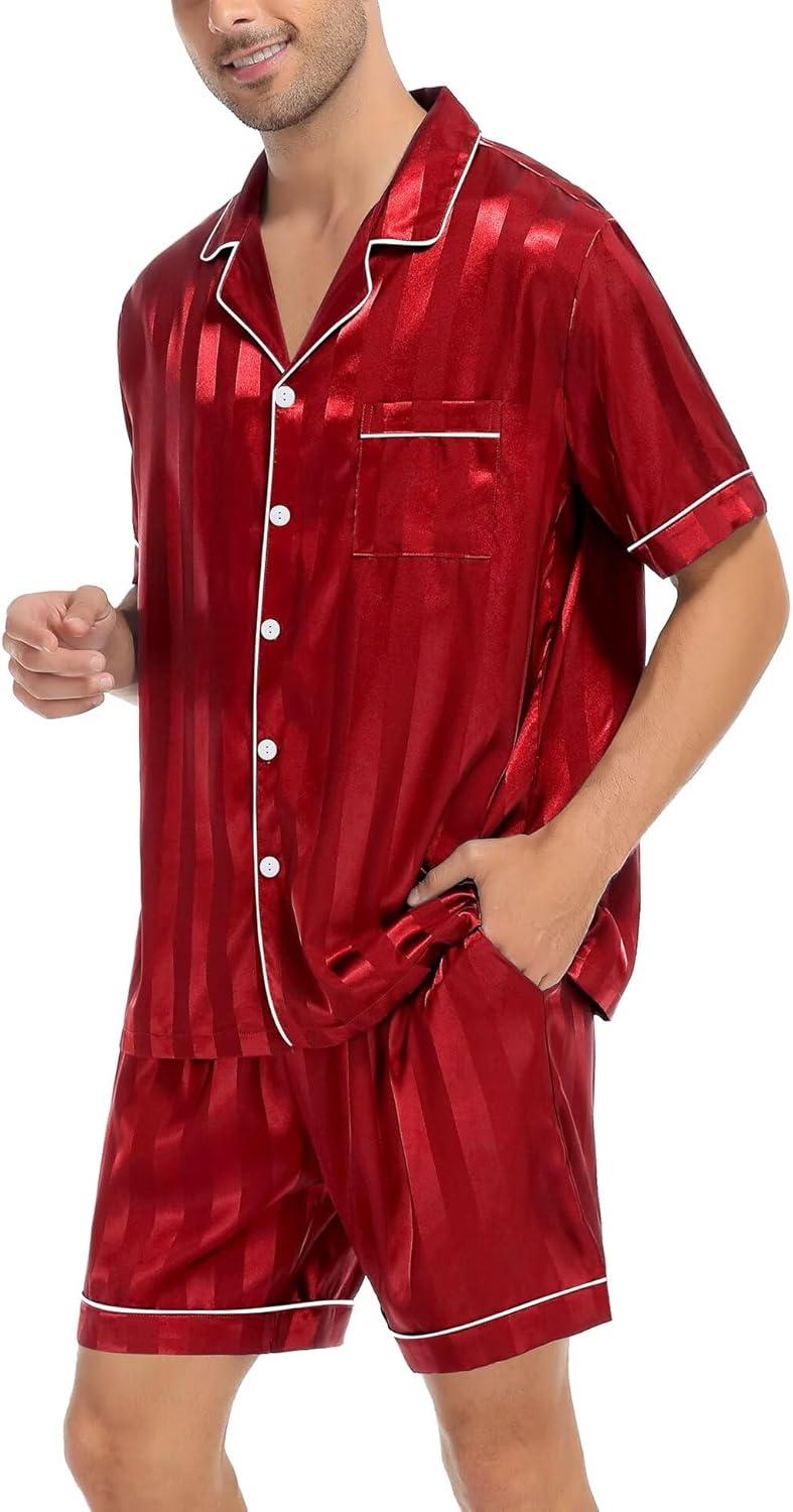 imageSWOMOG Men Satin Silk Pajamas Sets Short Sleeve Sleepwear ButtonDown PJs Sets TwoPieces Loungewear with PocketsRed Sriped