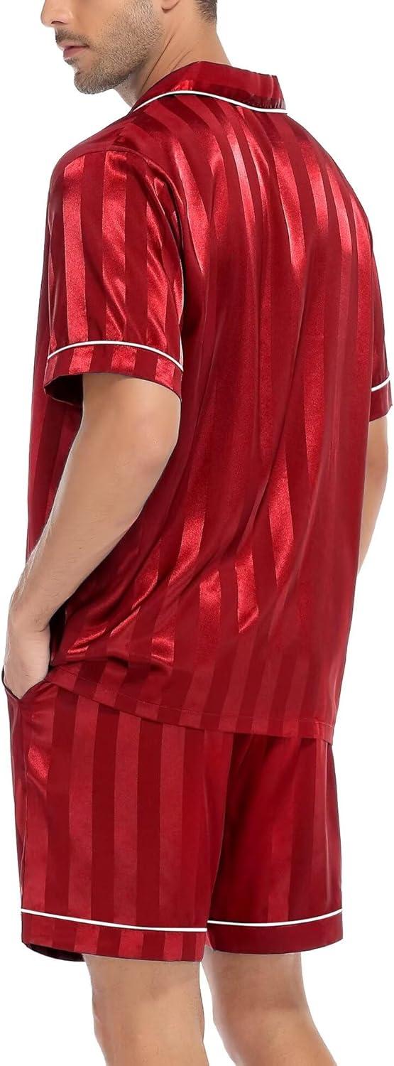 imageSWOMOG Men Satin Silk Pajamas Sets Short Sleeve Sleepwear ButtonDown PJs Sets TwoPieces Loungewear with PocketsRed Sriped