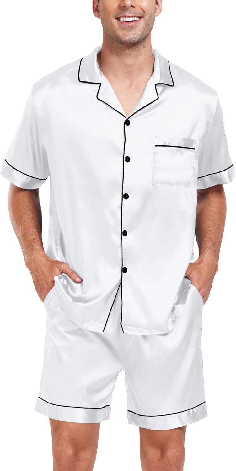 imageSWOMOG Men Satin Silk Pajamas Sets Short Sleeve Sleepwear ButtonDown PJs Sets TwoPieces Loungewear with PocketsWhite