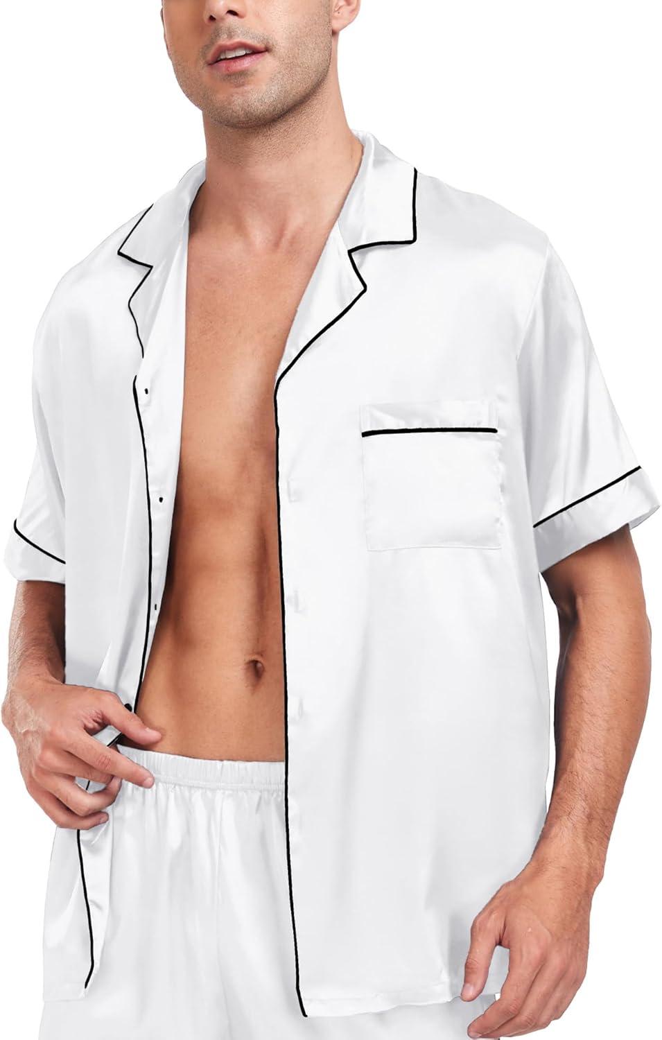 imageSWOMOG Men Satin Silk Pajamas Sets Short Sleeve Sleepwear ButtonDown PJs Sets TwoPieces Loungewear with PocketsWhite