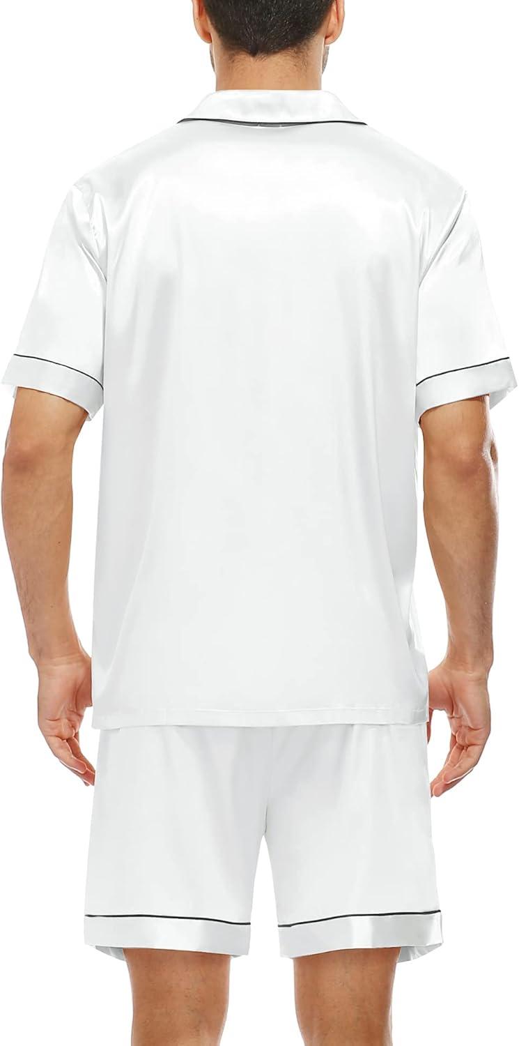 imageSWOMOG Men Satin Silk Pajamas Sets Short Sleeve Sleepwear ButtonDown PJs Sets TwoPieces Loungewear with PocketsWhite