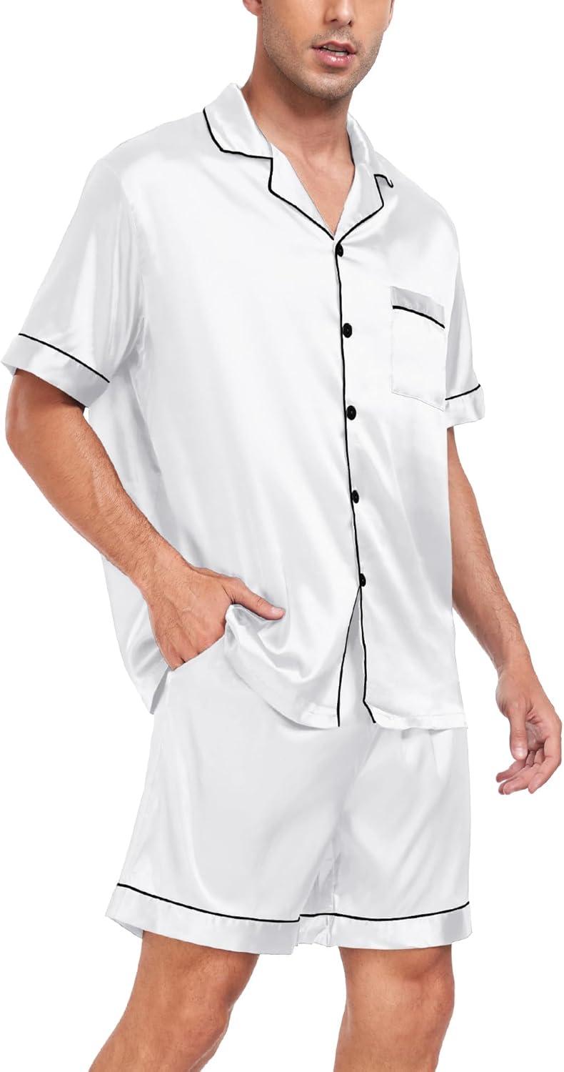 imageSWOMOG Men Satin Silk Pajamas Sets Short Sleeve Sleepwear ButtonDown PJs Sets TwoPieces Loungewear with PocketsWhite