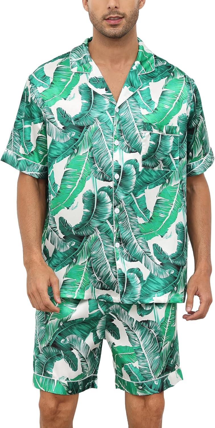 imageSWOMOG Men Satin Silk Pajamas Sets Short Sleeve Sleepwear ButtonDown PJs Sets TwoPieces Loungewear with PocketsWhite Leave