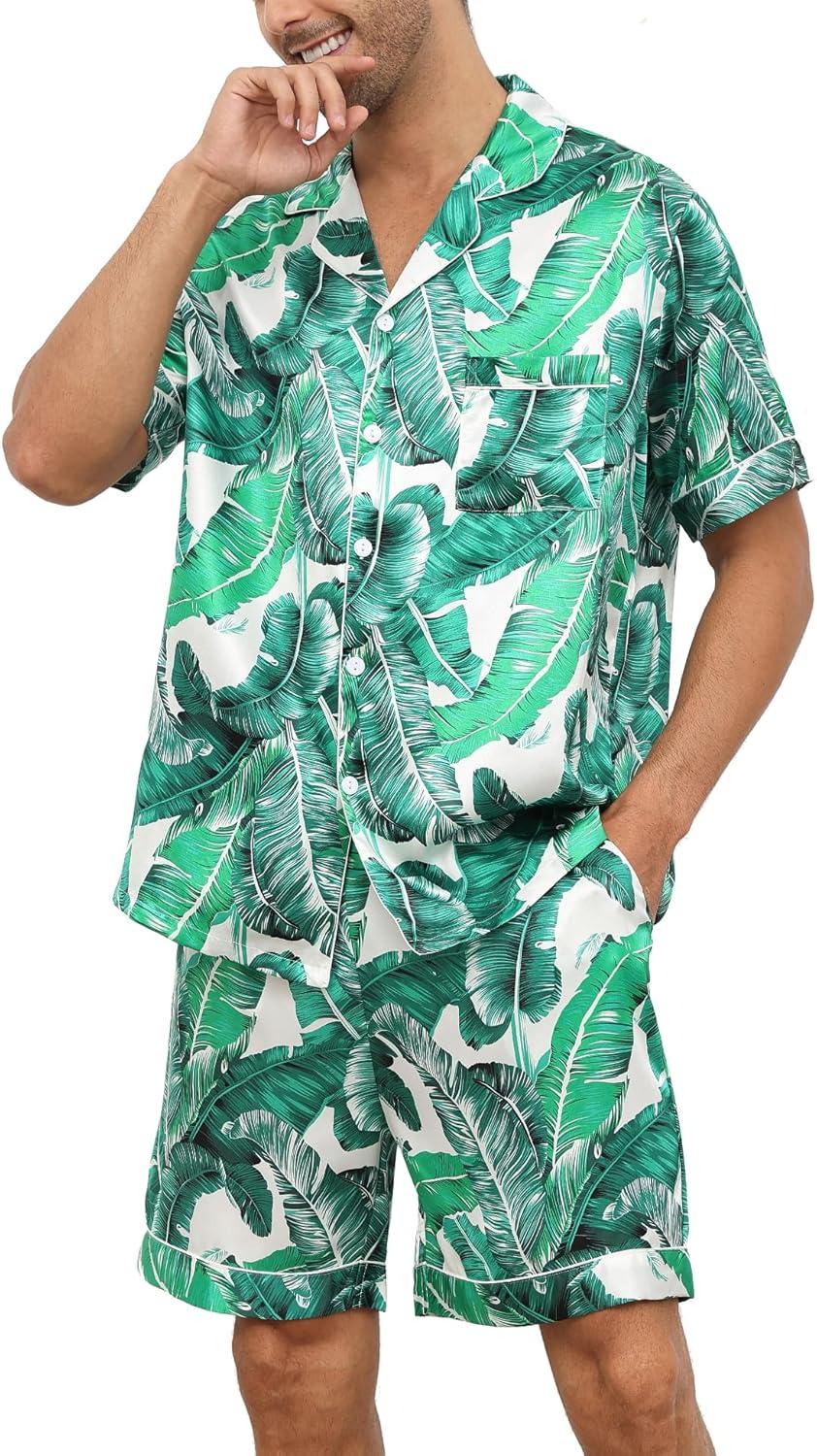 imageSWOMOG Men Satin Silk Pajamas Sets Short Sleeve Sleepwear ButtonDown PJs Sets TwoPieces Loungewear with PocketsWhite Leave